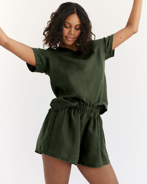 100% French Flax Linen Shorts in Olive
