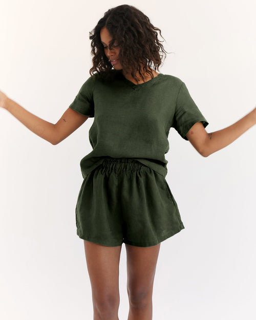 100% French Flax Linen Shorts in Olive