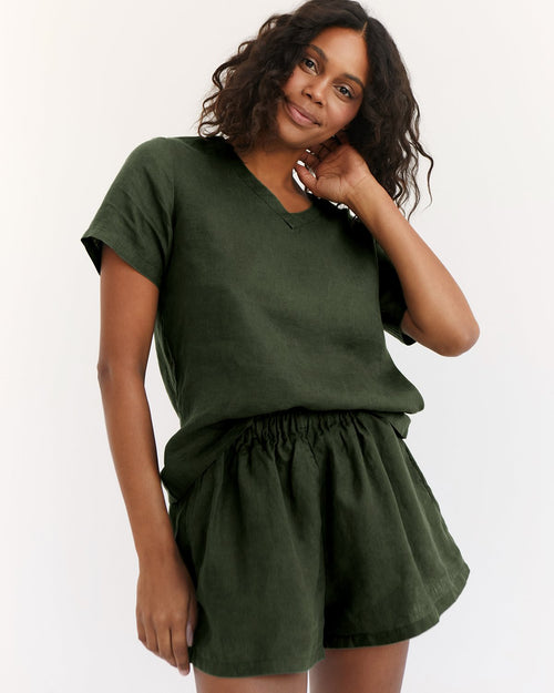 100% French Flax Linen Shorts in Olive