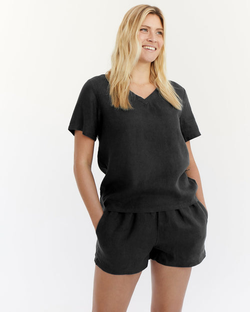 100% French Flax Linen Shorts in Charcoal