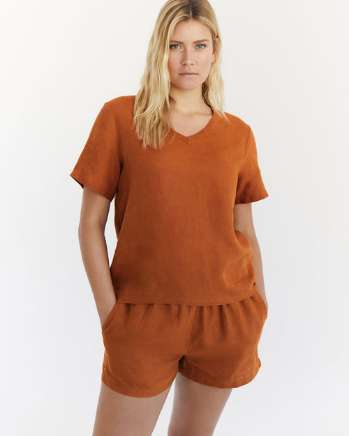 100% French Flax Linen Shorts in Rust