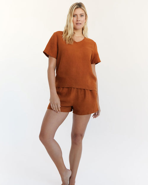 100% French Flax Linen Shorts in Rust