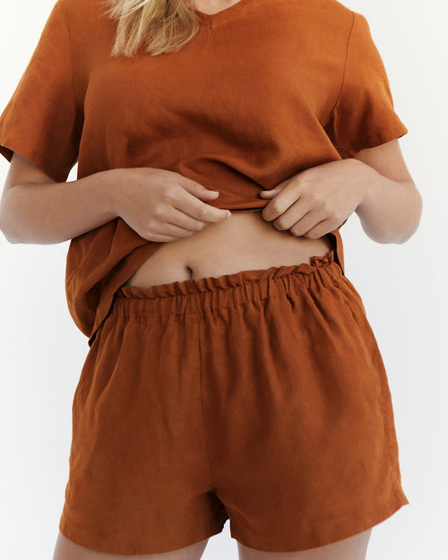 100% French Flax Linen Shorts in Rust