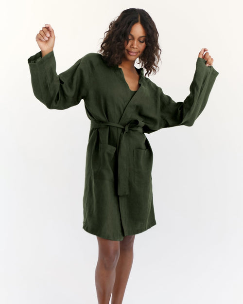 100% French Flax Linen Classic Robe in Olive