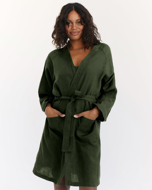 100% French Flax Linen Classic Robe in Olive