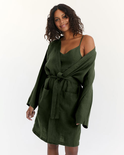 100% French Flax Linen Classic Robe in Olive