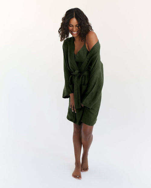 100% French Flax Linen Classic Robe in Olive