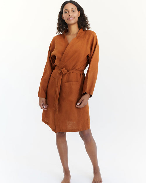 100% French Flax Linen Classic Robe in Rust