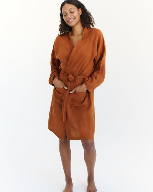 100% French Flax Linen Classic Robe in Rust