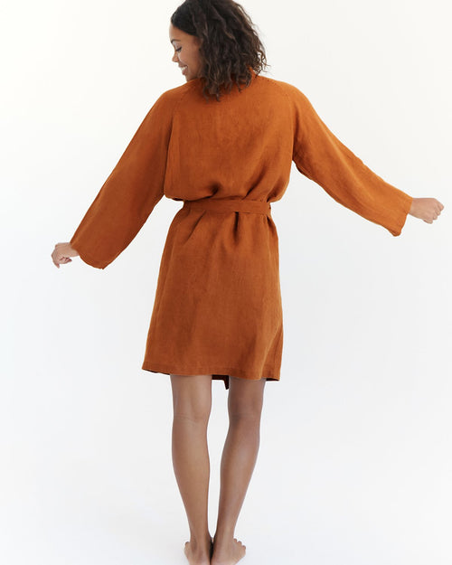 100% French Flax Linen Classic Robe in Rust