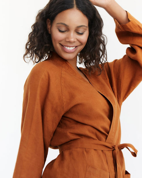 100% French Flax Linen Classic Robe in Rust