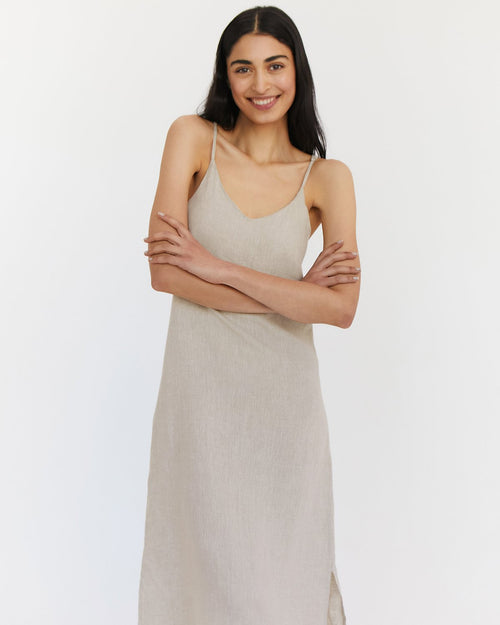 100% French Flax Linen Midi Dress in Oatmeal