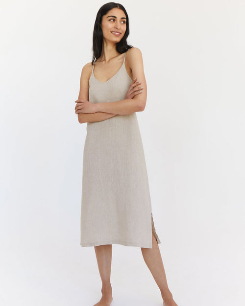 100% French Flax Linen Midi Dress in Oatmeal