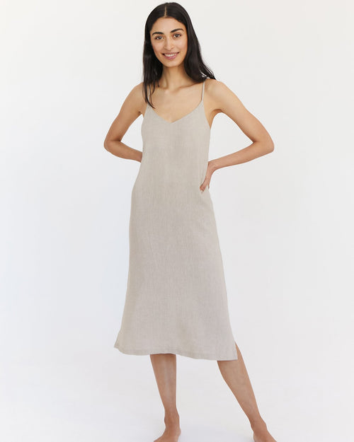 100% French Flax Linen Midi Dress in Oatmeal