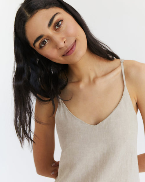 100% French Flax Linen Midi Dress in Oatmeal