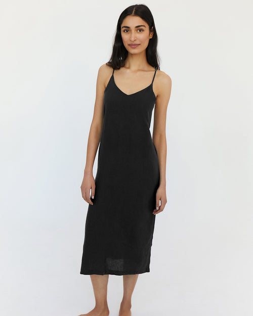 100% French Flax Linen Midi Dress in Charcoal