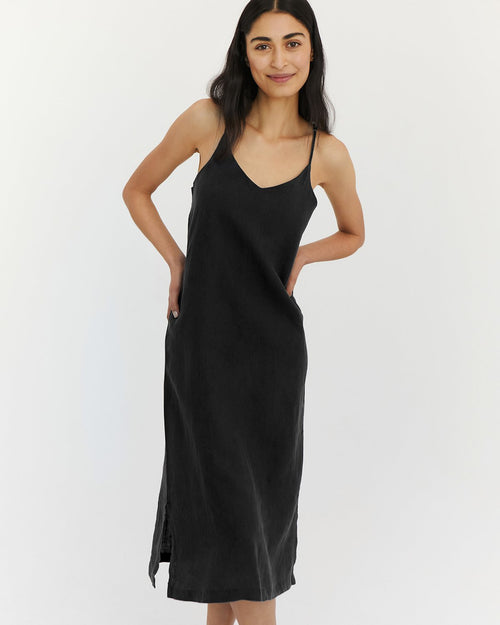 100% French Flax Linen Midi Dress in Charcoal