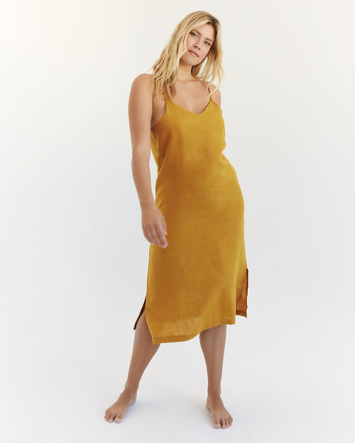 100% French Flax Linen Midi Dress in Turmeric