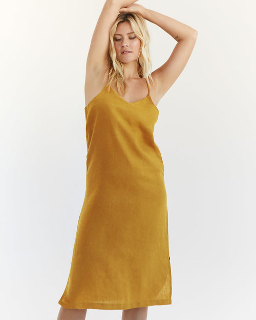 100% French Flax Linen Midi Dress in Turmeric