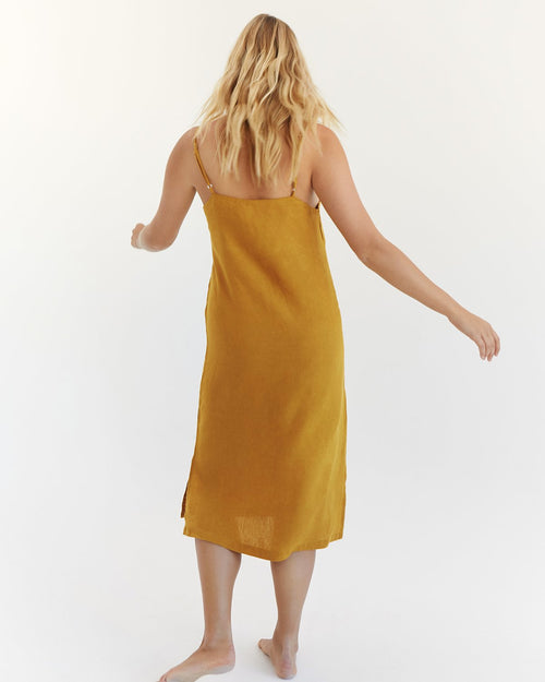 100% French Flax Linen Midi Dress in Turmeric