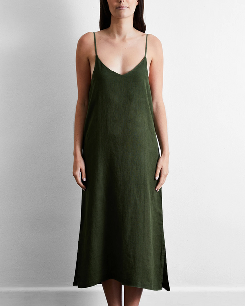 100% French Flax Linen Midi Dress in Olive