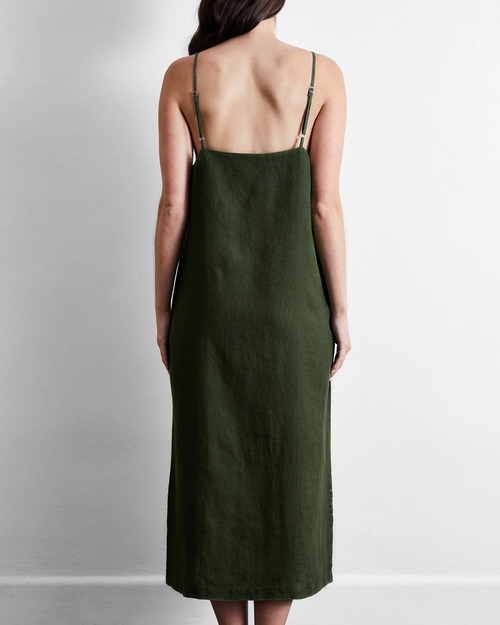 100% French Flax Linen Midi Dress in Olive