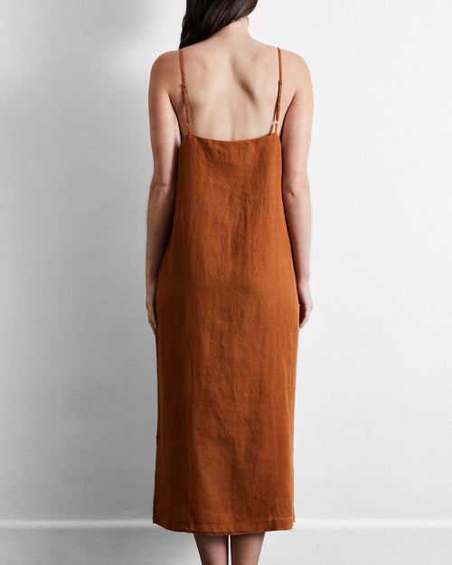 100% French Flax Linen Midi Dress in Rust