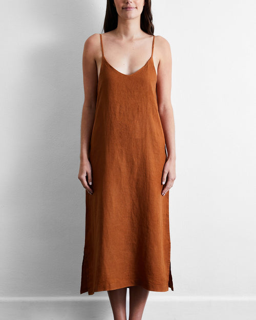 100% French Flax Linen Midi Dress in Rust