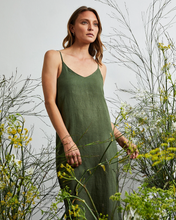 Load image into Gallery viewer, 100% French Flax Linen Midi Dress in Olive