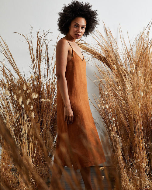100% French Flax Linen Midi Dress in Rust