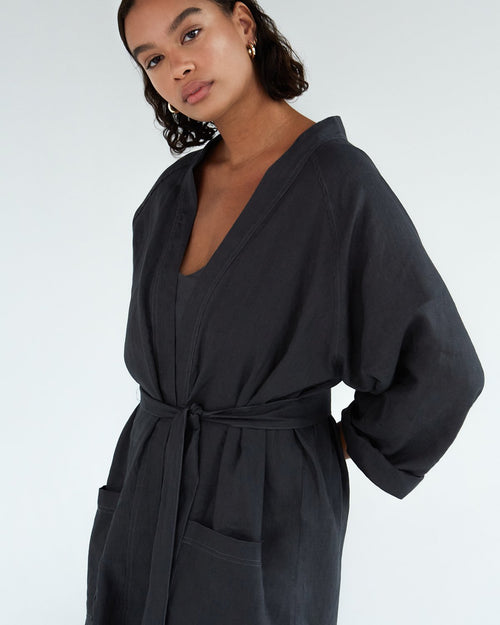 100% French Flax Linen Classic Robe in Charcoal