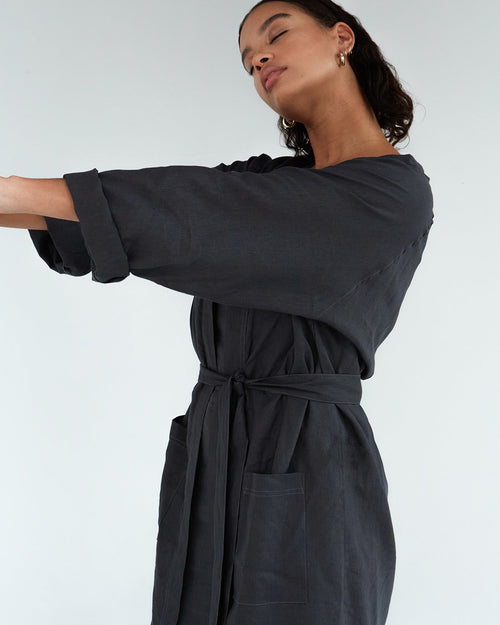 100% French Flax Linen Classic Robe in Charcoal