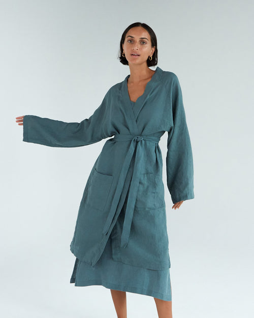 100% French Flax Linen Classic Robe in Petrol
