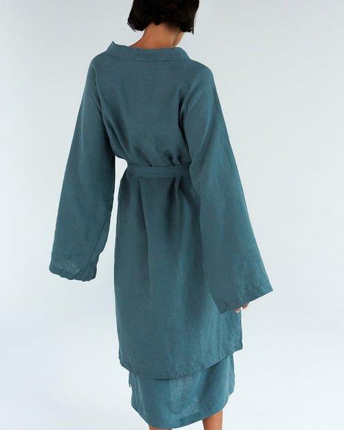 100% French Flax Linen Classic Robe in Petrol