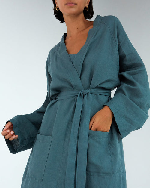 100% French Flax Linen Classic Robe in Petrol