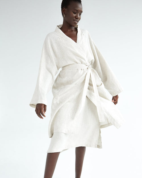 100% French Flax Linen Classic Robe in Oatmeal