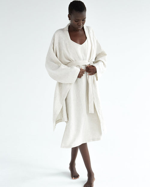 100% French Flax Linen Classic Robe in Oatmeal