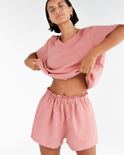 100% French Flax Linen Shorts in Pink Clay