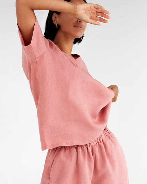 100% French Flax Linen T-Shirt in Pink Clay