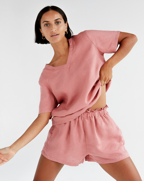 100% French Flax Linen Shorts in Pink Clay