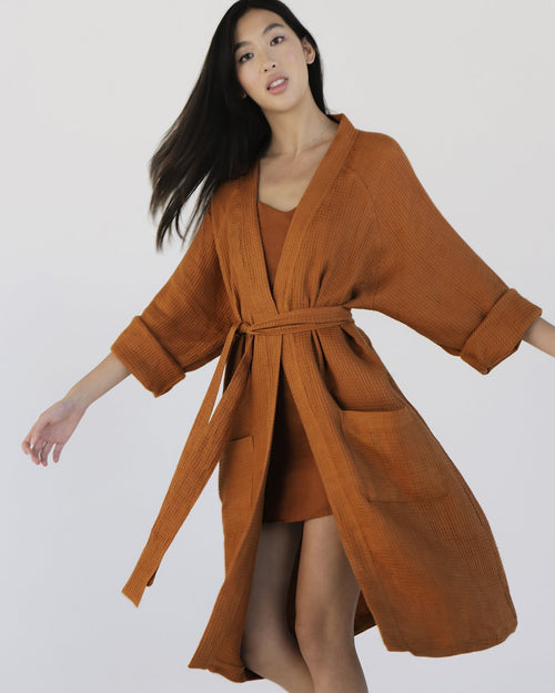 100% Linen Waffle Robe in Rust