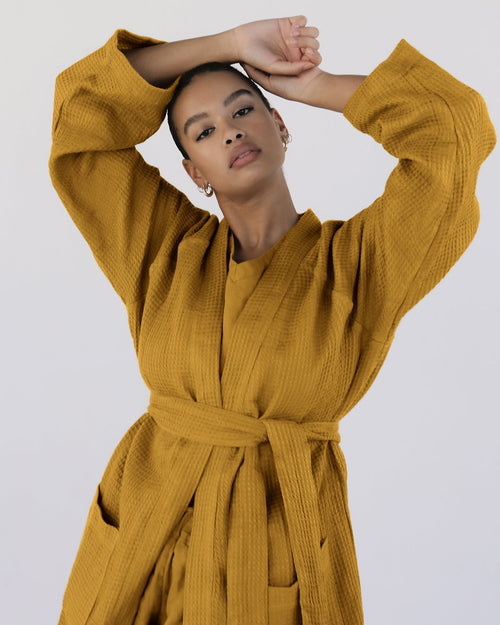 100% Linen Waffle Robe in Turmeric