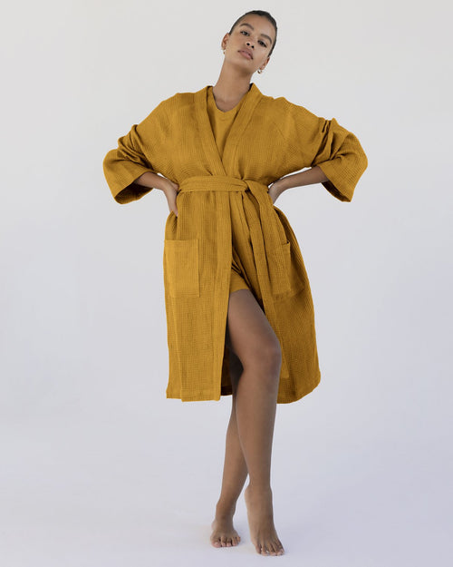 100% Linen Waffle Robe in Turmeric
