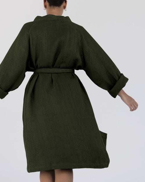 100% Linen Waffle Robe in Olive