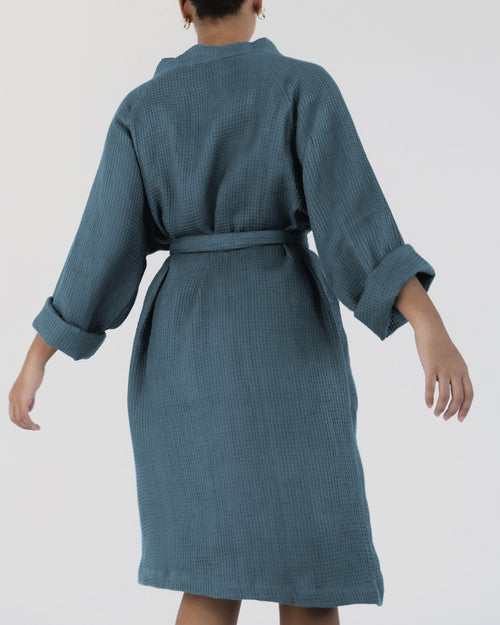100% Linen Waffle Robe in Petrol