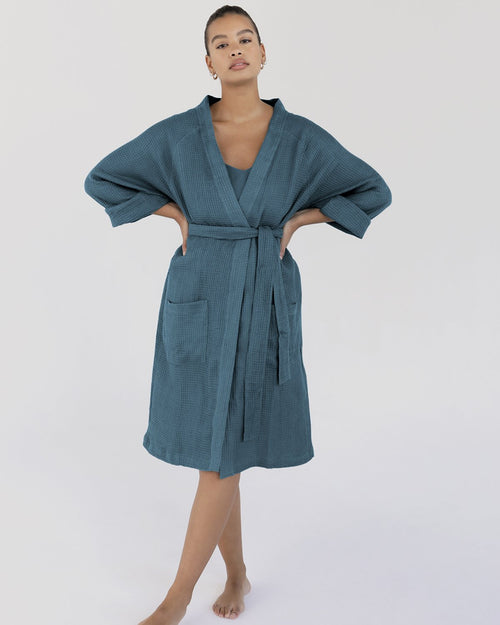 100% Linen Waffle Robe in Petrol