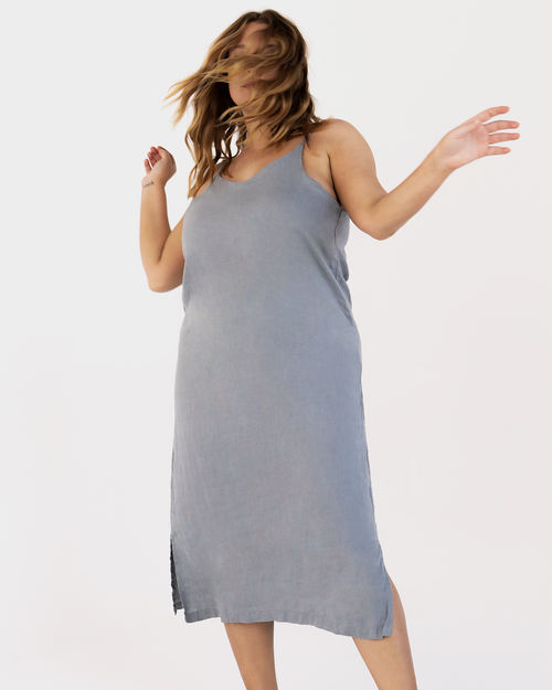100% French Flax Linen Midi Dress in Mineral
