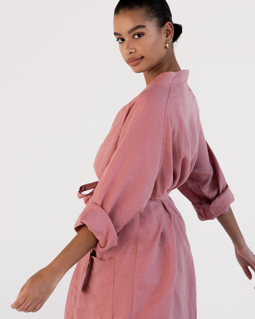 100% French Flax Linen Classic Robe in Pink Clay