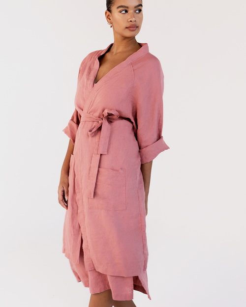 100% French Flax Linen Classic Robe in Pink Clay