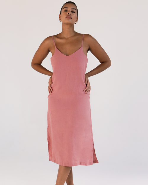 100% French Flax Linen Midi Dress in Pink Clay